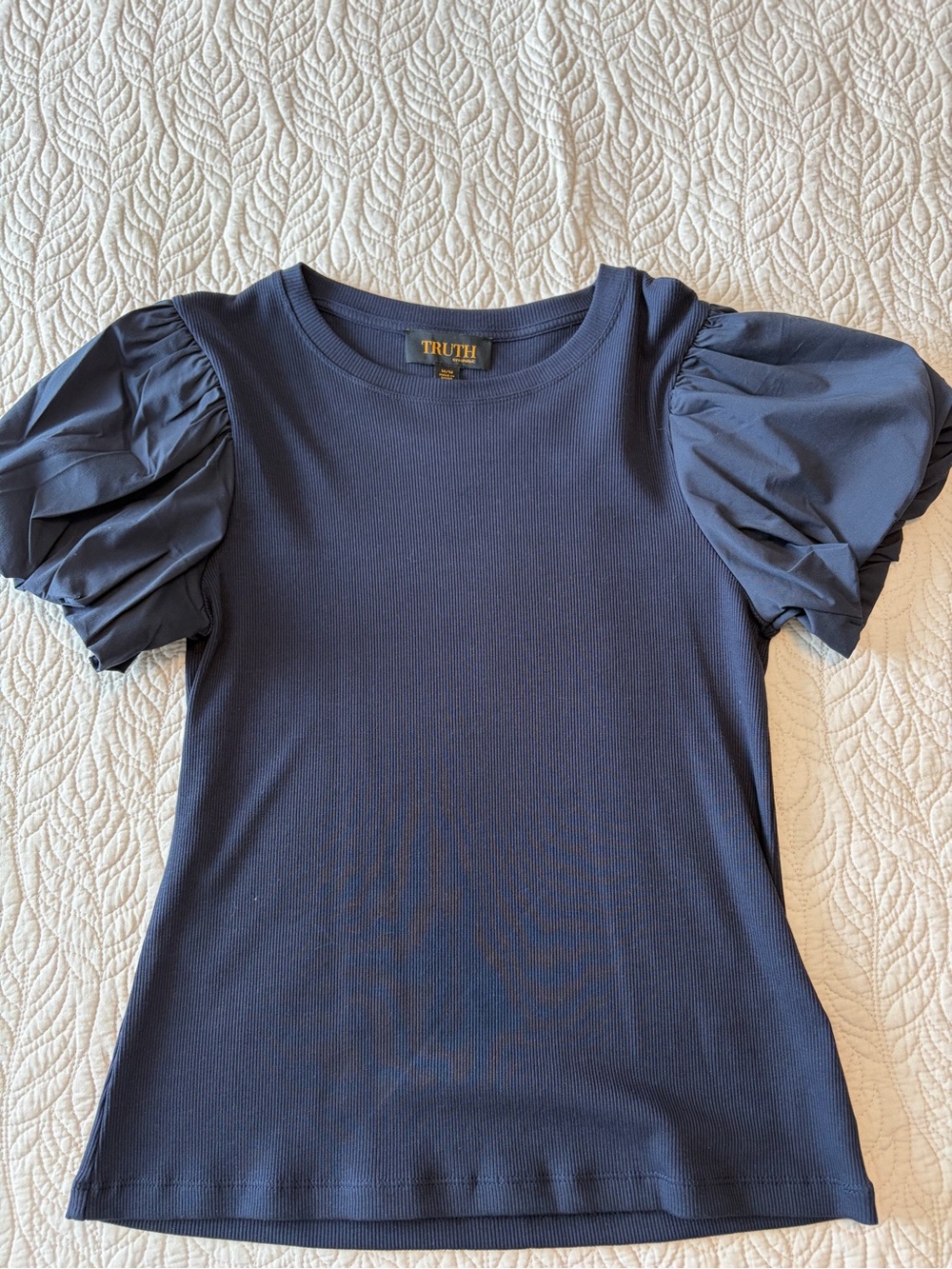 TRUTH Navy Puff-Sleeve Ribbed Short Sleeve Top